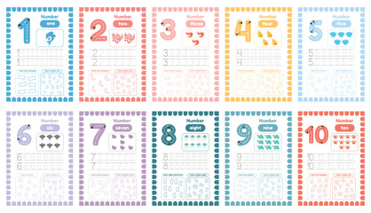 Learning numbers flashcards for preschool kids from 1 to 10. Set of activity worksheets with tracing - obrazy, fototapety, plakaty