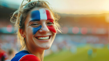 Happy French woman supporter with face painted in French flag colors, blue white and red, fan at a...