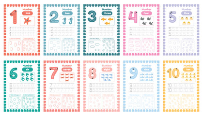 Learning numbers flaskcards for preschool kids. Set of activity worksheets with tracing
