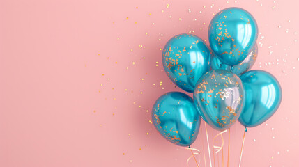 Blue gold foil balloons on a pastel pink background card with copy space - obrazy, fototapety, plakaty