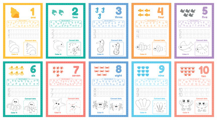 Many games on one page for kids education. Set of worksheets for preschool kid. Trace, color, count