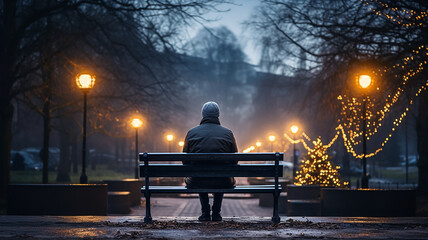 lonely old man on a bench in the city winter park, Christmas Eve snowfall, New Year's background - obrazy, fototapety, plakaty
