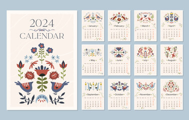 Folk hygge style calendar 2024, whole year calendar printable template A4 format with folklore motif with flowers and birds, hand drawn vector design