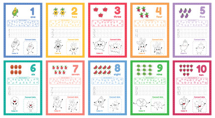 Many games on one page for kids education. Set of worksheets for preschool kid - obrazy, fototapety, plakaty