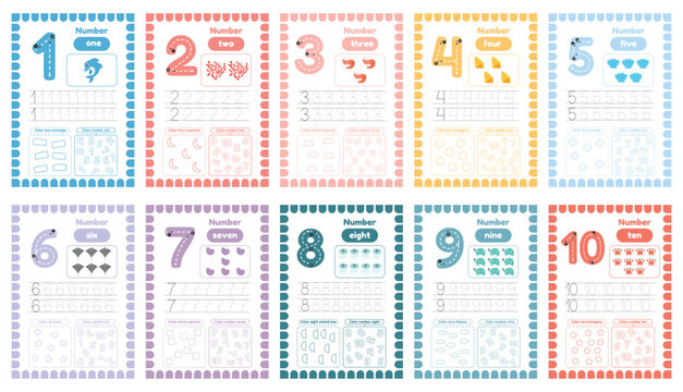Learning numbers flashcards for preschool kids from 1 to 10. Set of activity worksheets with tracing