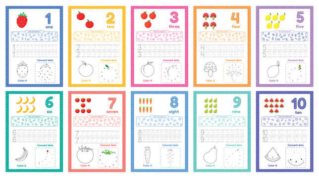 Set of learning numbers flashcards for preschool kids from 1 to 10. Activity worksheets with many exersices