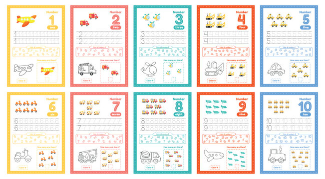 Set of flashcards with numbers for preschool kids from 1 to 10. Worksheets with many exersices