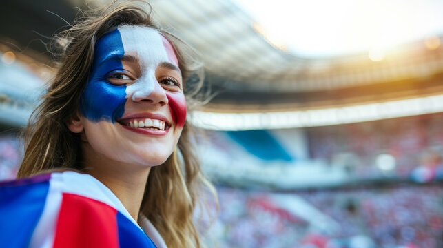 Happy French woman supporter with face painted in French flag colors, blue white and red, fan at a sports event such as football or rugby match, blurry stadium background and copy space