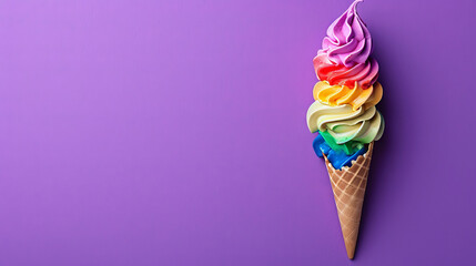 Rainbow color ice cream in a cone on a purple background, pride celebration with copy space banner