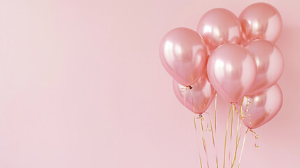 Pink gold foil balloons on a pastel pink background card with copy space