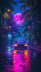 a neon car in jungle street with colorful neon moon 