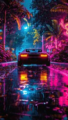 a neon car in jungle street with colorful neon moon
