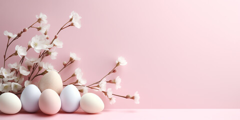 Obraz na płótnie Canvas Elegant Easter setup with pastel eggs and blooming cherry branches against a soft pink background. The overall mood of the card is calm and serene evoking feelings of springtime warmth and renewal