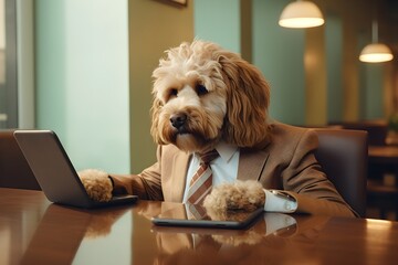 dog businessman in suit sits in office and using mobile phone, Generative AI