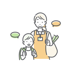 子供のお迎えを代行する女性スタッフ　シンプルでお洒落な線画イラスト