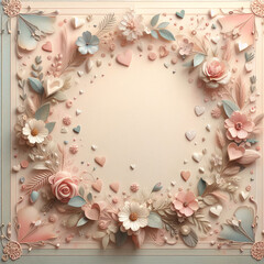 Top view photo with flowers and hearts in light colors, Al Generation - obrazy, fototapety, plakaty
