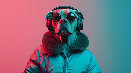 dog standing upright like a human wearing a jacket sunglasses headphones, vibrant fashion attitude - obrazy, fototapety, plakaty