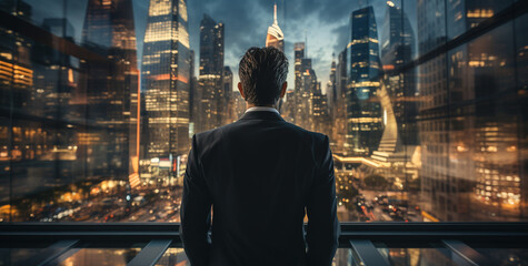 businessman in front of city with a view on the city - obrazy, fototapety, plakaty