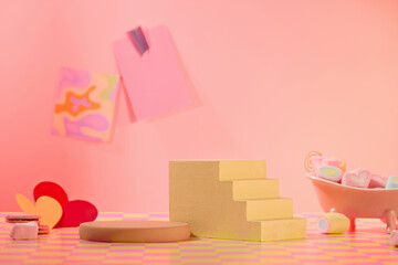 On pink background, empty stairway and round podiums decorated with candy and paper hearts. Creative background for advertising on valentine’s day, space for design