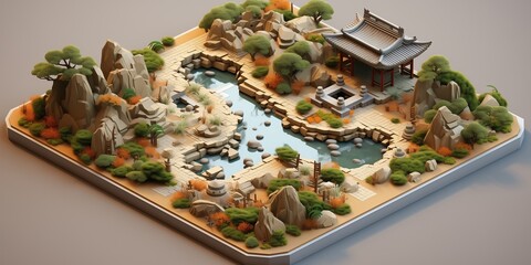 A detailed sketch of a Chinese rock garden showcase