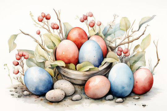 Watercolor red and blue Easter eggs nestled in a rustic bowl, surrounded by spring foliage