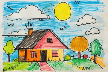 Fototapeta premium Child drawing, colorful crayons, naive style, family house illustration,