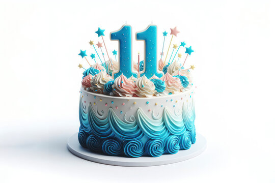 Birthday cake with number 11 on top isolated on solid white background. ai generative