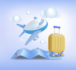 The concept of tourism and travel, vacation, travel around the world.
 3d image of an airplane, a suitcase on a light background.
 Vector, template for the banner.