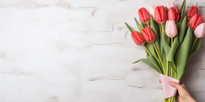 Bouquet of tulips in hand against a white wall - Powered by Adobe