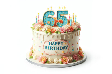Birthday cake with number 65 on top isolated on solid white background. ai generative