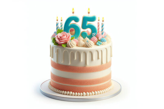 Birthday cake with number 65 on top isolated on solid white background. ai generative
