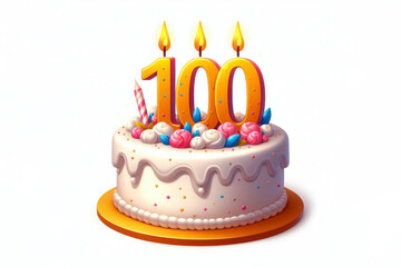 Birthday cake with number 100 on top isolated on solid white background. ai generative