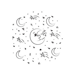 Hand drawn night sky pattern with linead doodle moon, stars . Cute night sky