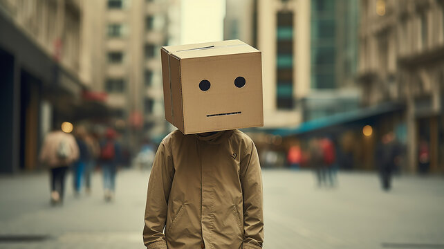 a man with a box on his head on a city street, the concept of psychology loneliness in society social phobia