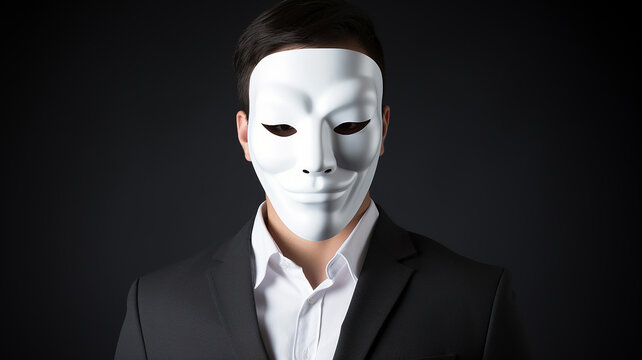 a businessman in a white mask hiding his face