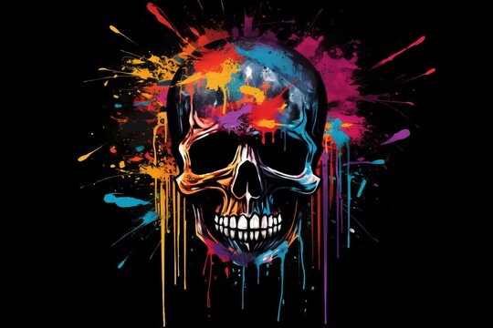 Colorful Paint Splatter Skull on Dark Background