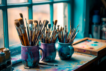 Fototapeta premium Old ceramic mugs full of many paintbrushes of all size.