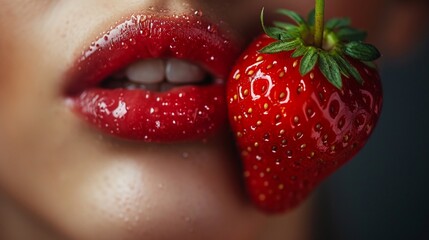 focus at women red lips bite red strawberry , sexy red lips women eating strawberry fruit