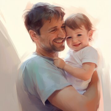 Dad and child kid hugging, watercolor, poster, , Father's day card design, happy family image