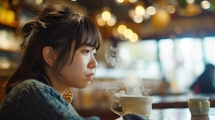 Woman waiting in coffee shop: A moment of calm and anticipation