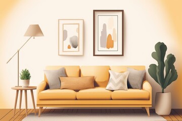 Bright cozy lounge area featuring sofa, lamp, artwork, and plant. Generative AI