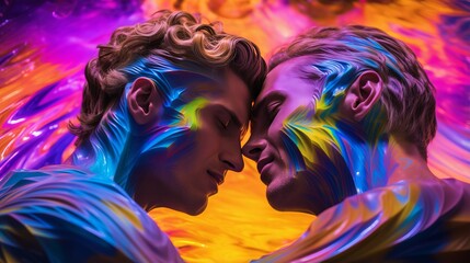 Loving gay couple hugging embraces passionately enveloped in flowing vibrant multicolored fabric represents their individuality, example of LGBT love is vivid expression of passion and sensuality - obrazy, fototapety, plakaty