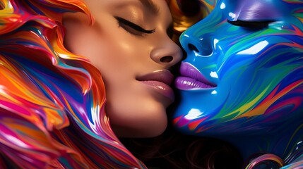 Fototapeta na wymiar Loving lesbian couple kissing embraces passionately enveloped in vibrant multicolored viscous liquid represents their individuality, example of LGBT love is vivid expression of passion and sensuality