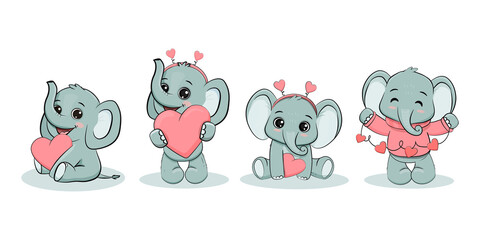set of cute cartoon elephant with a pink heart on white background. Funny elephant cub.Valentine's day card. 