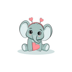  Cute cartoon elephant with heart isolated on white background . Postcard for Valentine's Day, Mothers day.