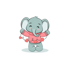 Cute cartoon elephant with hearts isolated on white background . Postcard for Valentine's Day, Mothers day.
