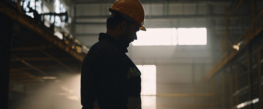 A silhouette of professional construction electrician working in a factory, worker with helmet, electrical worker in action