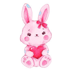 Rabbit doll hug heart . Valentines day object . Watercolor painting elements . PNG .