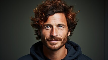 Fototapeta premium portrait of happy young caucasian red hair man on gray background.