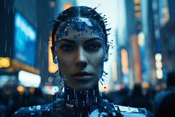 a woman with a futuristic face and blue holography lights particles on her face, city street with streetlights and neon, sci-fi, cybernetics, cyber art